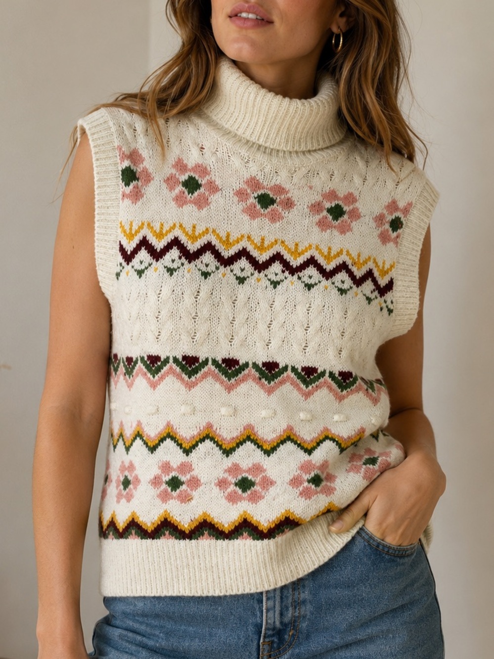 Cleo Petites Fair Isle Floral Turtleneck Sweater Vest Size 6